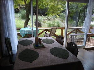 カフェレスト森のさんぽ道のテーブル向こうにテラス席あり
