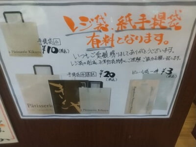 菊屋串木野インター店のレジ袋、紙手提げ袋の料金表