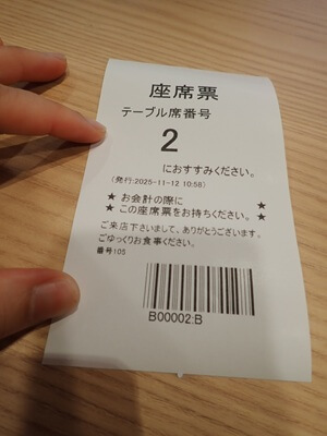 海鮮すし 七福神の受付した座席票